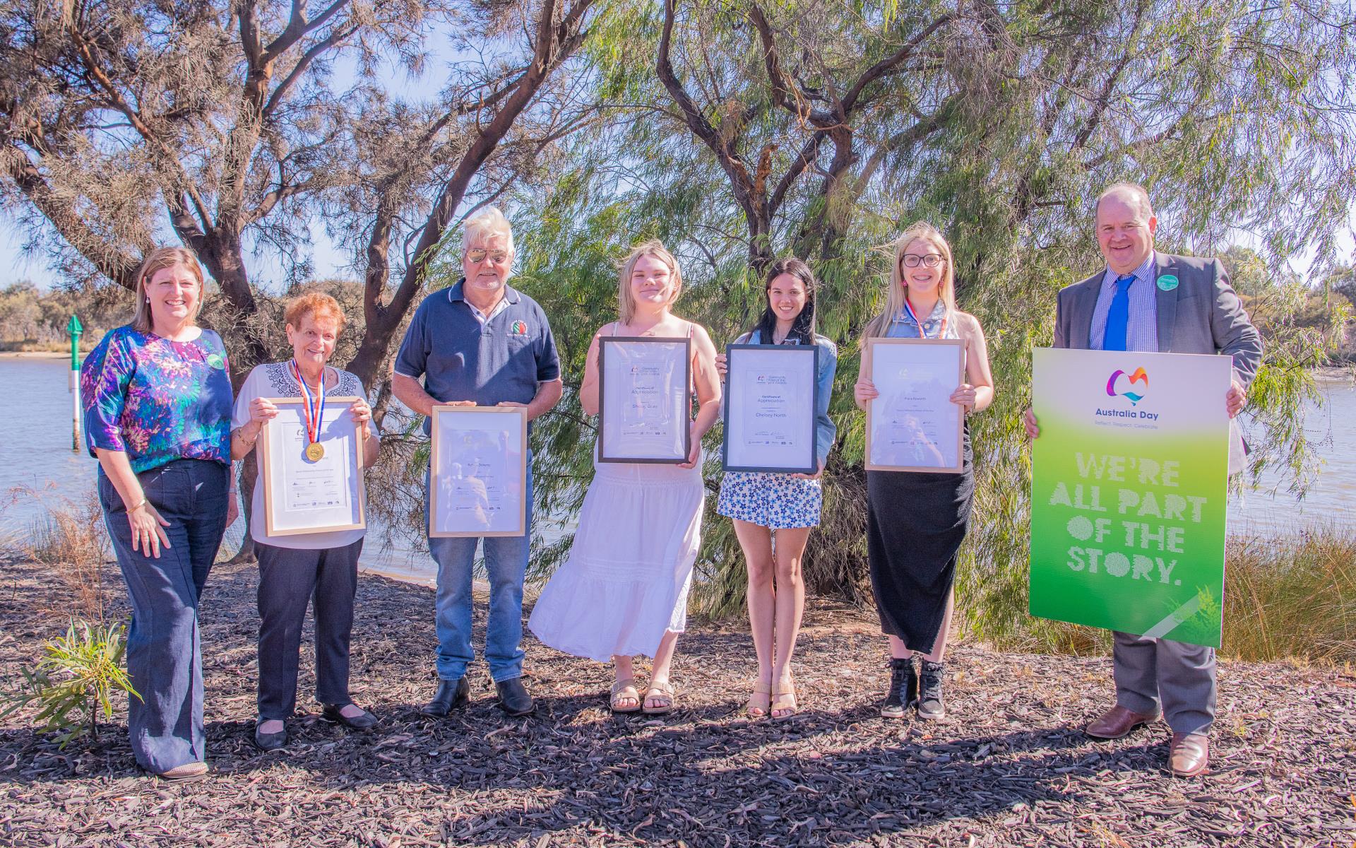 Shire of Dardanup President Cr Tyrrell Gardiner (far right) and Jodie Hanns MLA (far left) with Citizens of the Year Award nominees and recipients (from left) Josephine Holland, Robert Doherty, Shelby Grey, Chelsey North and Kiara Roworth. Absent: Daniel Fry as he was assisting with the Burekup Australia Day Breakfast Event.