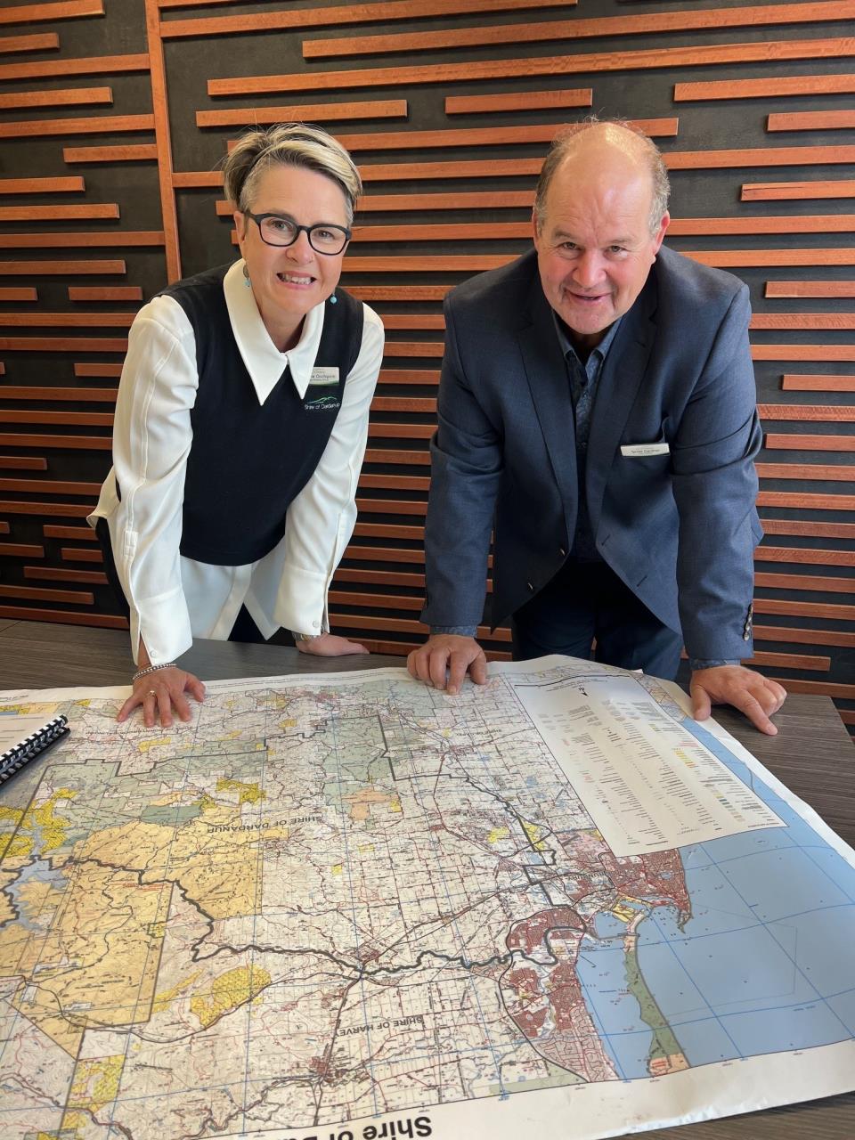 Photo: Shire of Dardanup President Cr Tyrrell Gardiner and Senior Strategic Planning Officer Suzanne Occhipinti celebrate the long-await approval of the Shire’s Local Planning Scheme No.9 (LPS9) recently.